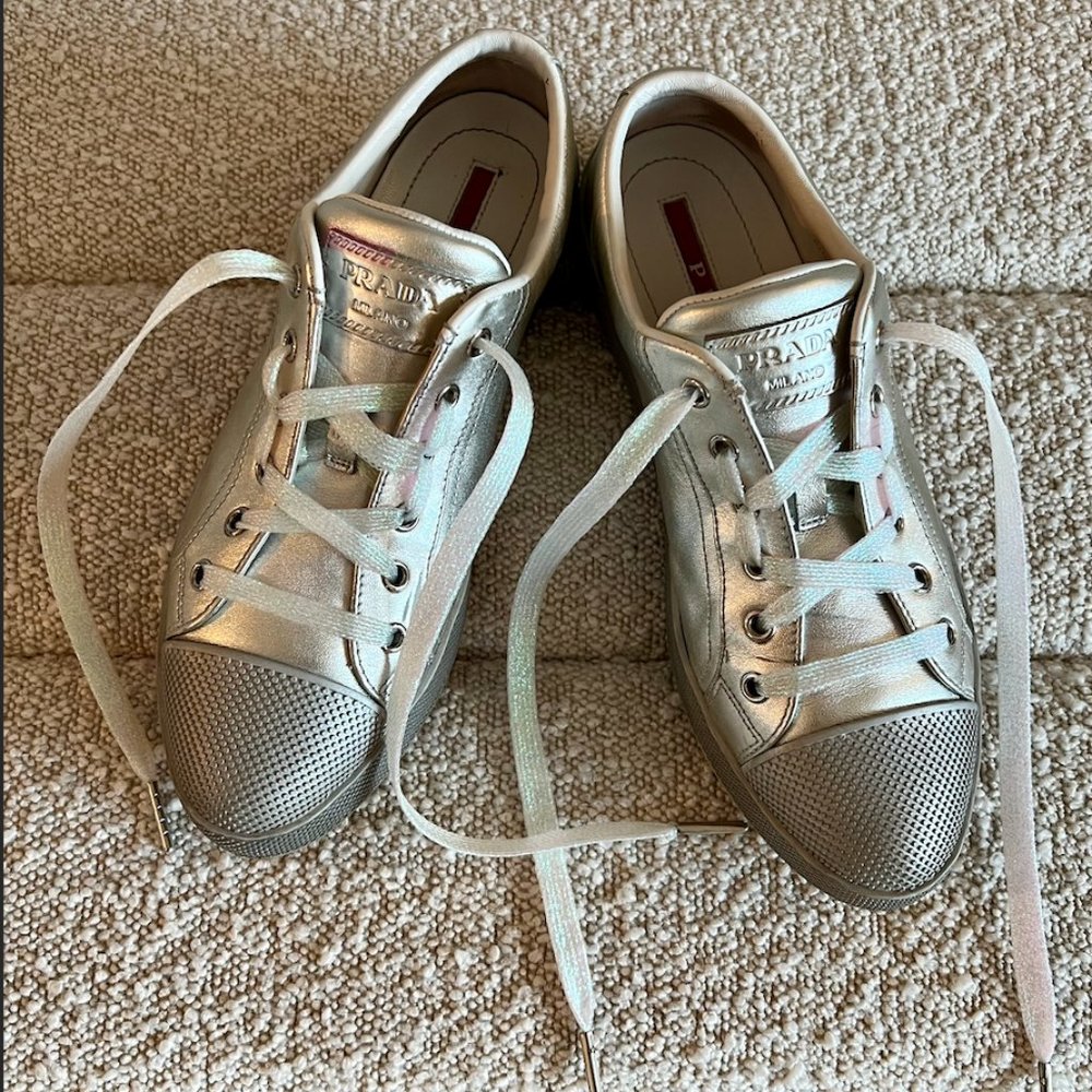 Silver Prada Sneakers 38/8 Womens